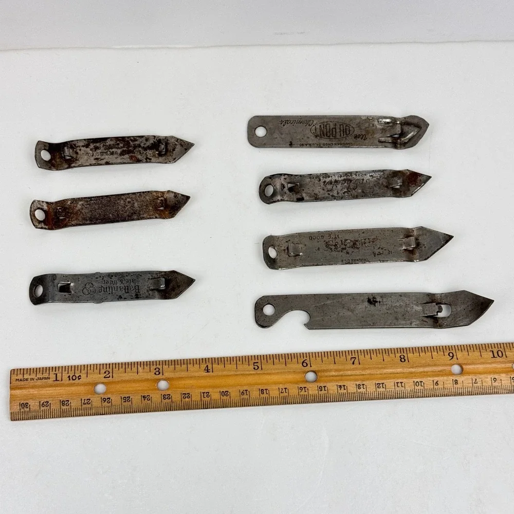 7 Vtg Mixed Advertisement Lot of Metal Can Bottle Openers Rusted Aged Man Cave